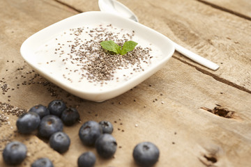fresh made dessert with blueberries and chia seeds