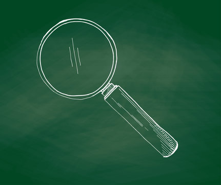 Hand Drawn A Magnifying Glass On A Green School Board. Vector Illustration In Sketch Style