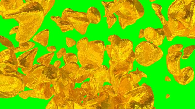 Animated a lot of shinning large gold nuggets exploding and flying toward camera against green background.