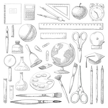 Hand drawn different school supplies isolated on white background. Vector illustration of a sketch style.