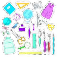 Set of stickers. Hand drawn different school supplies isolated on white background. Vector illustration of a sketch style.