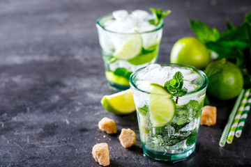 Mojito Cocktail.Mint, lime, ice ingredients for making  and bar utensils.Cold Drink.Top View.Copy space for Text.selective focus.