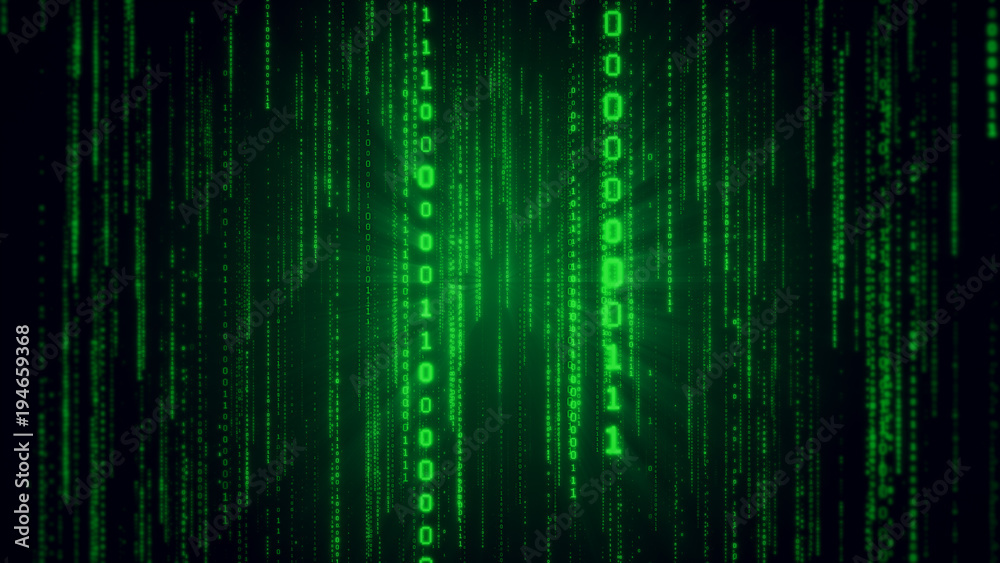 Poster falling binary code in the matrix style in the technological space 3d illustration