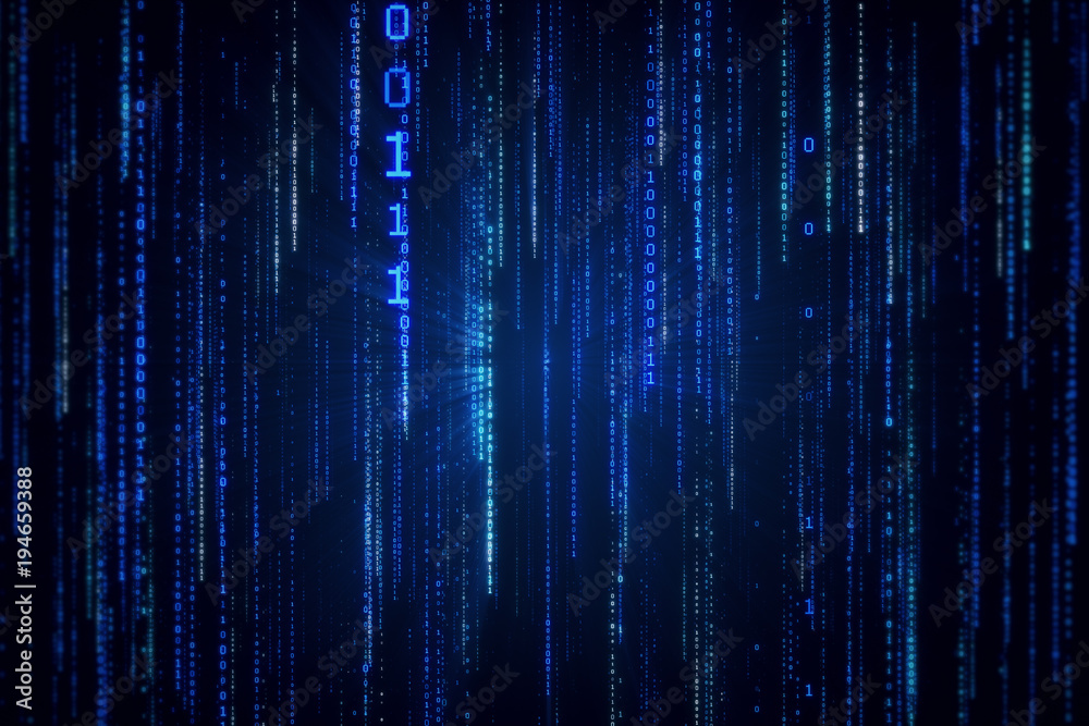 Poster falling binary code in the matrix style in the technological space 3d illustration