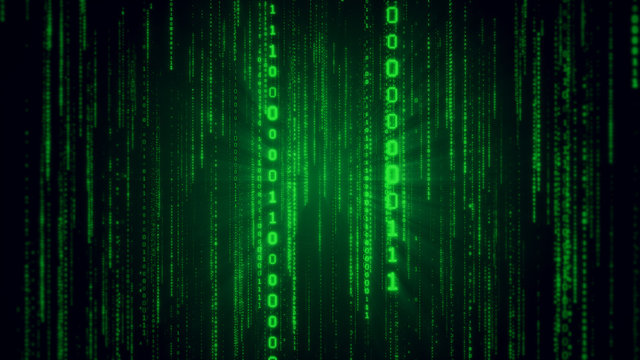 Falling binary code in the matrix style in the technological space 3d illustration