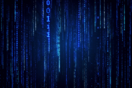 Falling binary code in the matrix style in the technological space 3d illustration