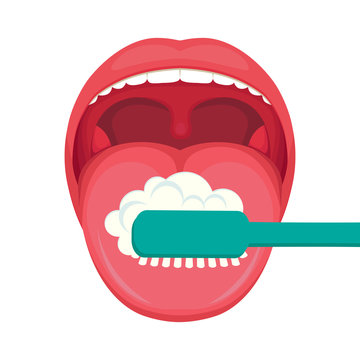 Vector Illustration Of Tongue Hygiene, Brush And Toothbrush . Dental Care. White Teeth Clean