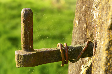 Old Gate Hinge covered in Cobweb and Wire coming out of a stone gate post covered in lichen
