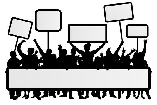 Crowd of people with flags, banners. Manifestation, demonstration, protest, strike, revolution. Isolated on white background, vector silhouette