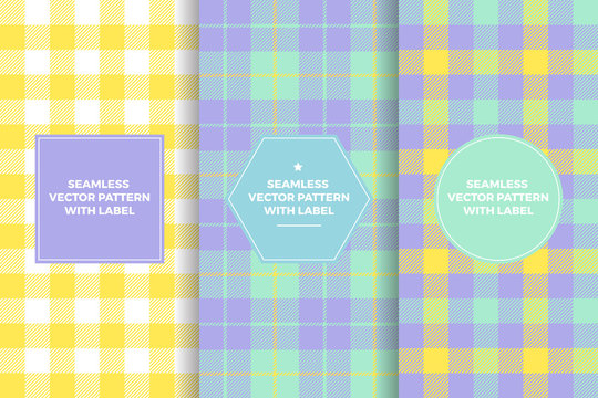 Pastel Colors Gingham and Tartan Plaid Seamless Patterns with Label Frames. Copy Space for Text. Set of Design Templates for Packaging, Covers or Gift Wrapping. Perfect for Easter or Beauty Products. © Artefficient