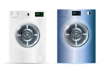 3d realistic vector washers. Realistic white and blue steel front loading washing machines on a white background. Front view, close-up.