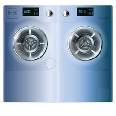 Double Washing Machine. Front View of Blue Steel Steam Washer. Front Load Washing Machine with Electronic Control Panels and Small loads In The Lower Part.