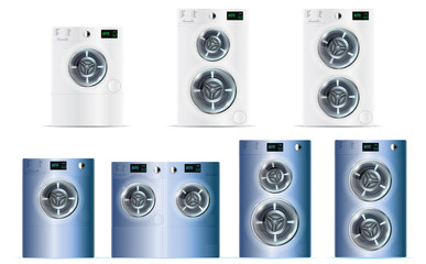 Big Set Of Front Load Double White and Blue Steel Washing Machines With Electronic Control Panels And Additional Small and Big Load. Vector Front Load Double Washing