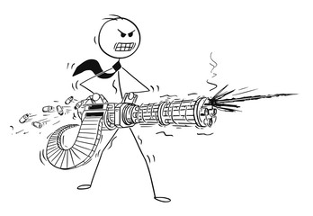 Cartoon stick man drawing conceptual illustration of angry businessman shooting from rotary machine gun cannon. Business concept of stress and anger.