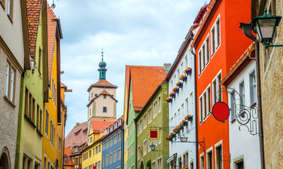 Beautiful streets in Rothenburg ob der Tauber with traditional German houses, Bavaria, Germany