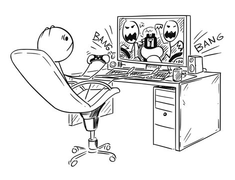 Cartoon stick man drawing conceptual illustration of man or boy playing computer game.