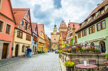Beautiful streets in Rothenburg ob der Tauber with traditional German houses, Bavaria, Germany