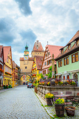 Fototapeta na wymiar Beautiful streets in Rothenburg ob der Tauber with traditional German houses, Bavaria, Germany