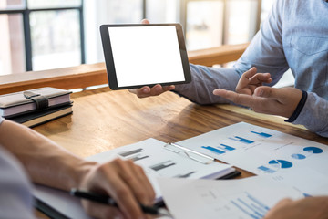 Image of executive businessman working consultation and conversation new business strategy plan in office with document data and report, professional occupation concept