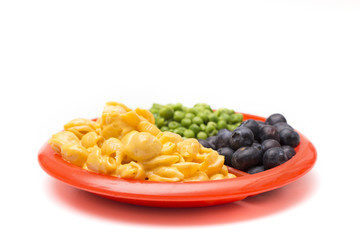 Child's Meal of Macoroni Shells and Cheese, Peas and Blueberries - A healthy and balanced meal