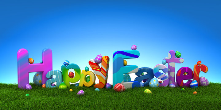 Happy Easter text with colorful eggs on green grass with blue sky - 3d render