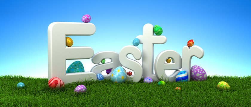 Easter text with colorful eggs on green grass with blue sky - 3d render