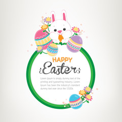 Easter banner background template with white bunny, spring flowers and colorful eggs. Vector illustration.