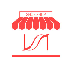 Shoe Shop, Footwear Repair Single Flat Vector Icon. Striped Awning and Signboard