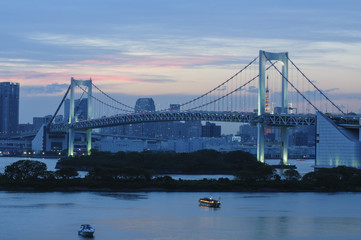 Skyline View of Rainbow Bridge in Odaiba, Japan at Dusk