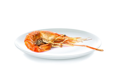 Shrimp in white plate on white background