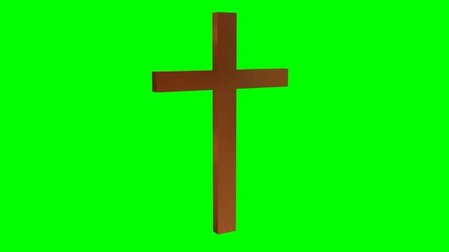 Animated shinning simple bronze cross with sharp edges spinning against green background. Isolated and loop able.