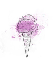 handdrawn pink ice-cream with watercolor