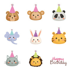 happy birthday card with set cute animals vector illustration design