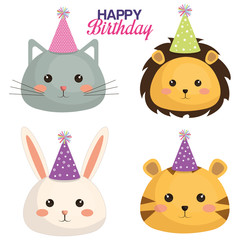 happy birthday card with set cute animals vector illustration design