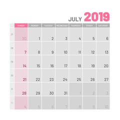 Practical light-colored planner, 2019, July, flat. Useful calendar for taking every day notes. Vector illustration