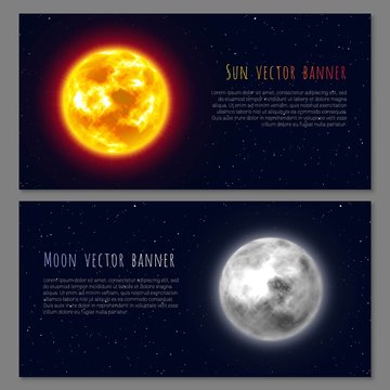 Two cards, moon, sun, night background, copy space, realistic. Flyers and posters on cosmos theme, design for all. Vector illustration on astronomical matter