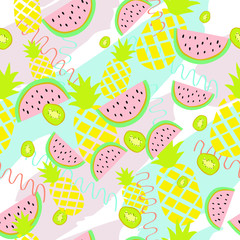 Summer background with pineapple, watermelon, and kiwi