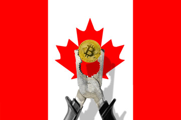 BITCOIN coin being squeezed in vice on the CANADA flag background; concept of cryptocurrency bitcoin under pressure. Prohibition of cryptocurrencies, regulations, restrictions or security