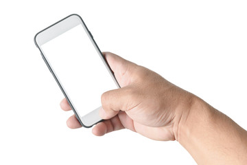 hand man hold mobile phone with white screen