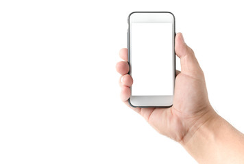 business hand man hold mobile phone with white screen