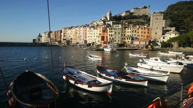 PORTOVENERE, ITALY - DECEMBER 5, 2017: View of Portovenere small colorful town with Doria Castle on Ligurian coast of Italy