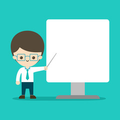 a young man is pointing something in monitor. copy space design. vector illustration.