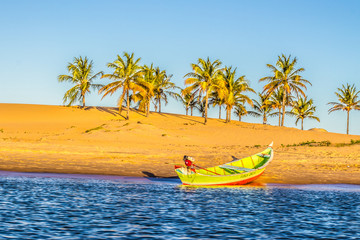 A green Small boat of a fisherman, on a sand beach with coconut trees - beautiful and peacefull view on the Sao Francisco River one of the most important river in Brazil    
