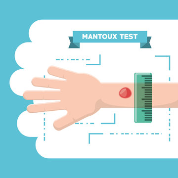 Mantoux test design with hand and injection over blue and white background, colorful design vector illustration