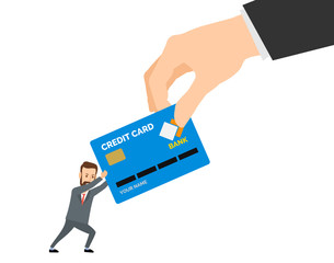 big human hand gives credit card to small businessman
