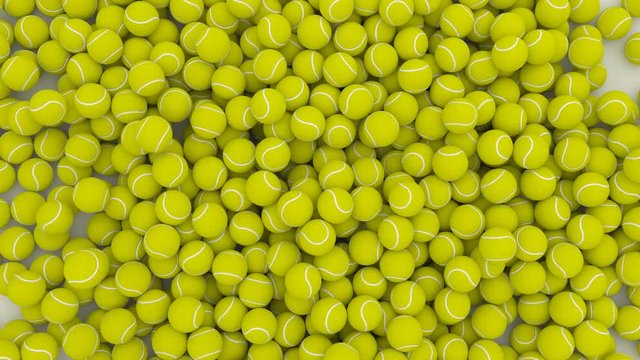 Animated a great amount of realistic plain yellow tennis balls falling onto white base bouncing and tumbling toward center. Top view camera and shallow depth of field.
