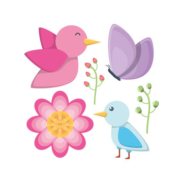 icon set of cute birds and beautiful flowers over white background, colorful design vector illustration