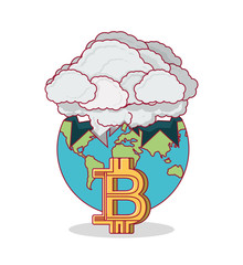 Energy Consumption design with earth planet with smoke explotion and bitcoin icon over white background, colorful design vector illustration