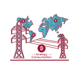 Bitcoin Energy Consumption design with world map and energy towers over white background, colorful design vector illustration