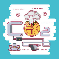 Bitcoin Energy Consumption design with CO2 symbol and energy plug over white and blue background, colorful design vector illustration